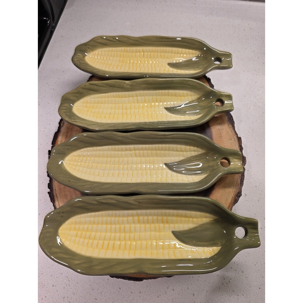 Vintage Ceramic Corn on the Cob‎ Individual Serving Plates Yellow Green Set of 4